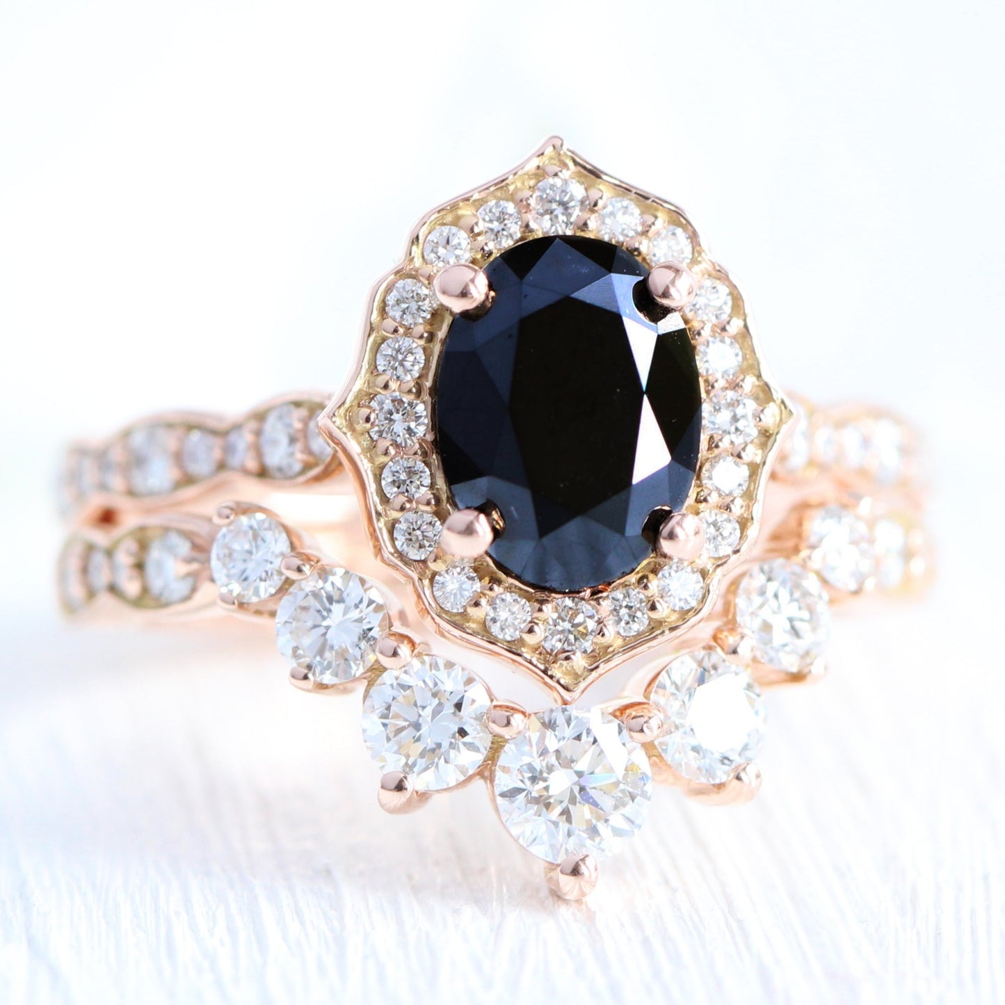 Oval Cut Black Moissanite Bridal MatchMatching Engagement Ring Set For Her
