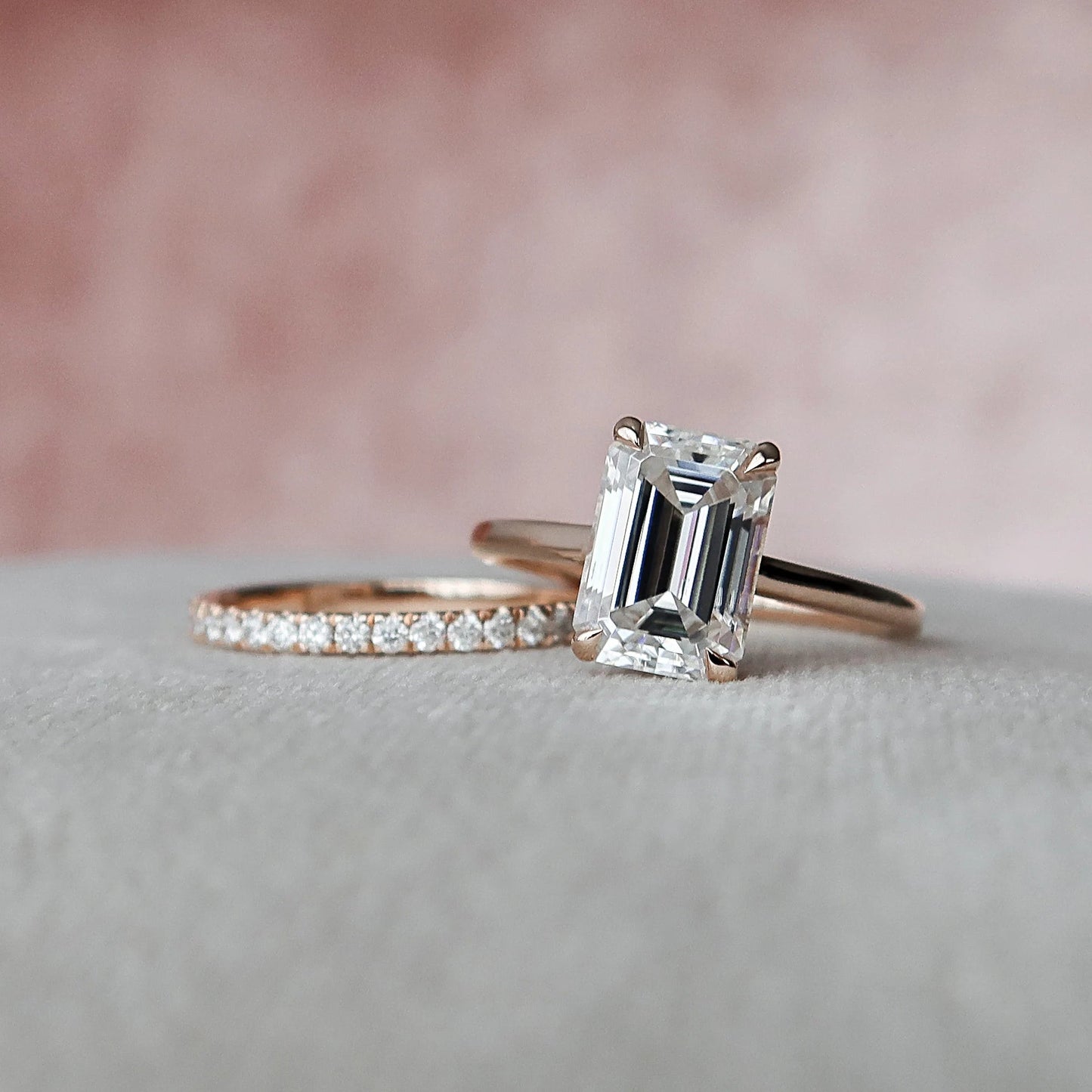 Vintage Emerald Cut Moissanite Halo Bridal Engagement Ring Set / Wedding Band For Bride