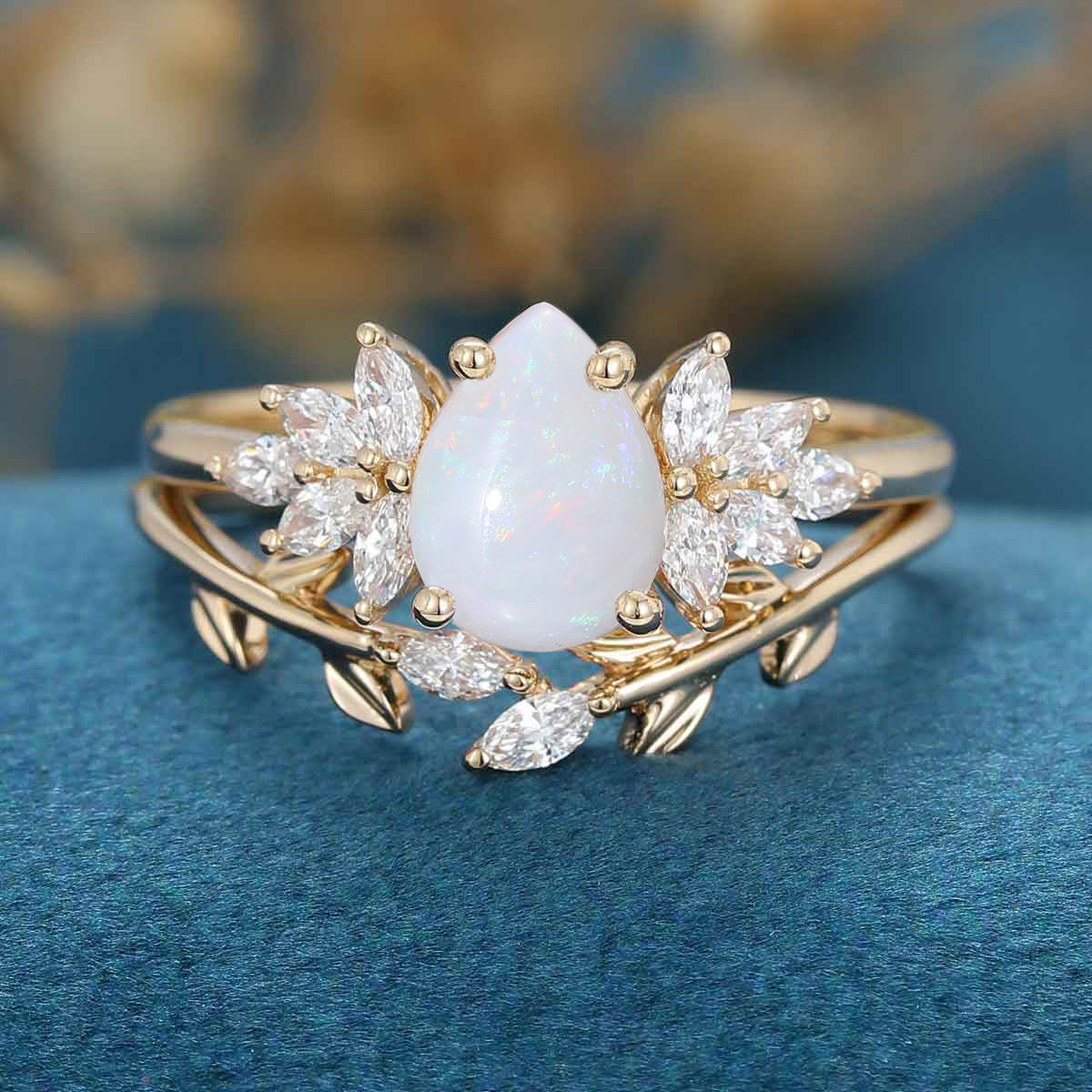Pear Cut Opal Cluster Bridal Engagement Ring Set Ring For Women Minimalist
