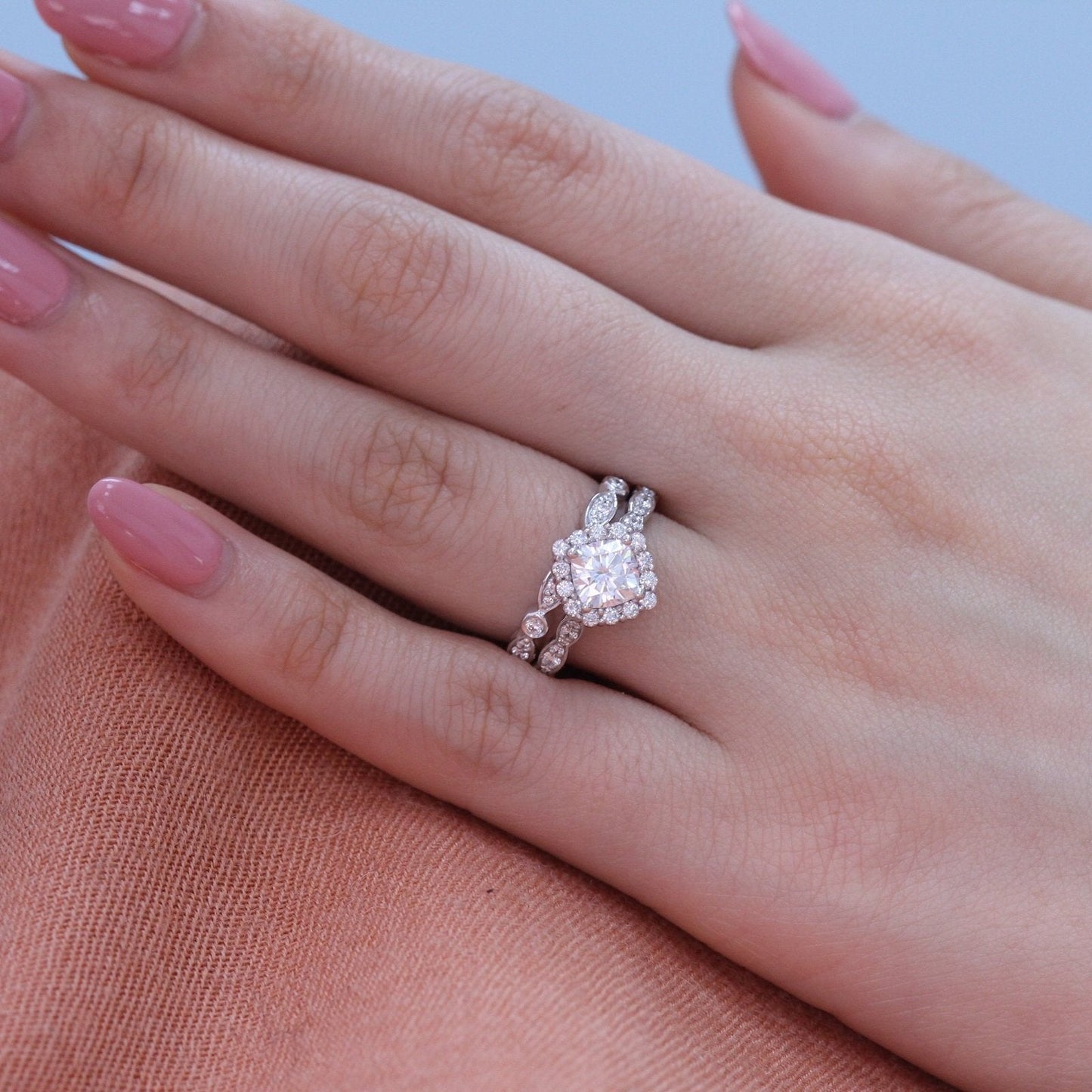 Cushion cut 1 CT moissanite Diamond with halo bridal Matchin set Ring