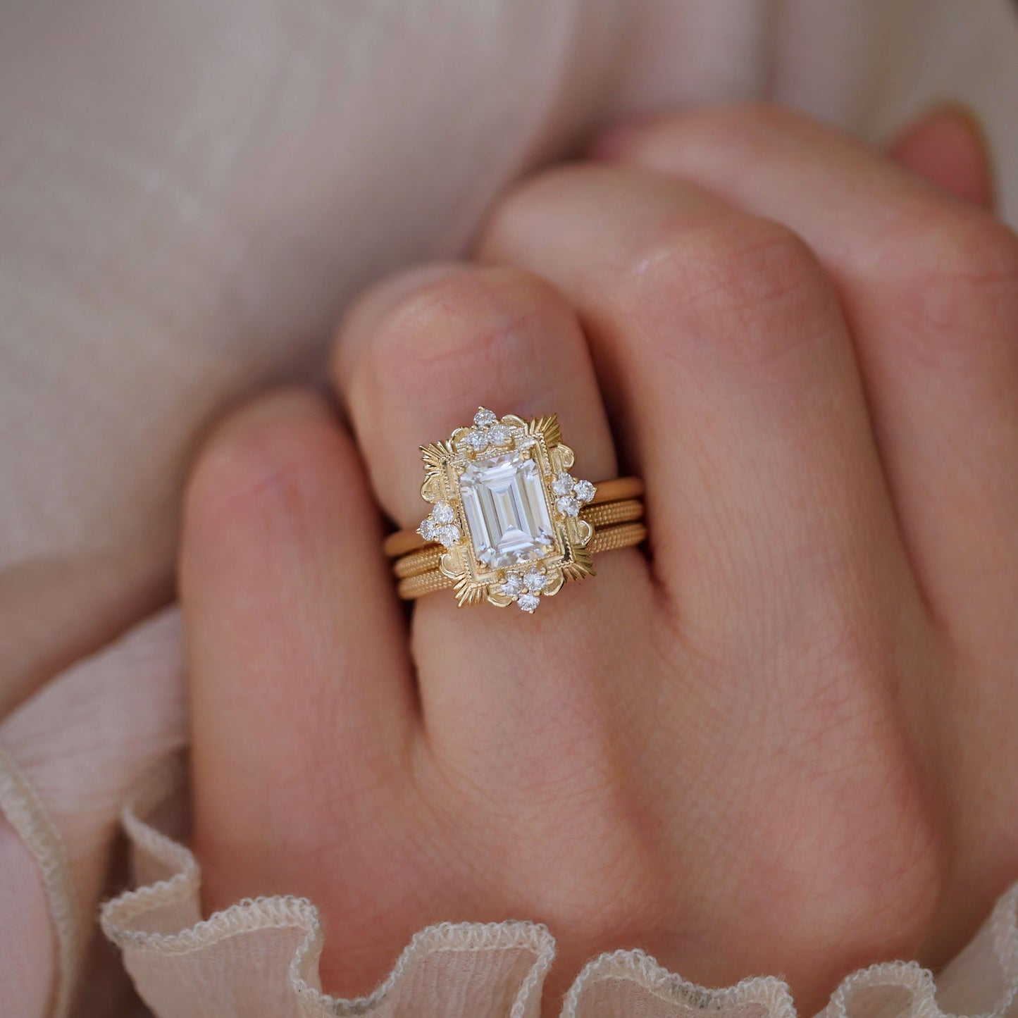2.0 Ct Emerald Cut Moissanite Diamond Vintage Engagement Ring