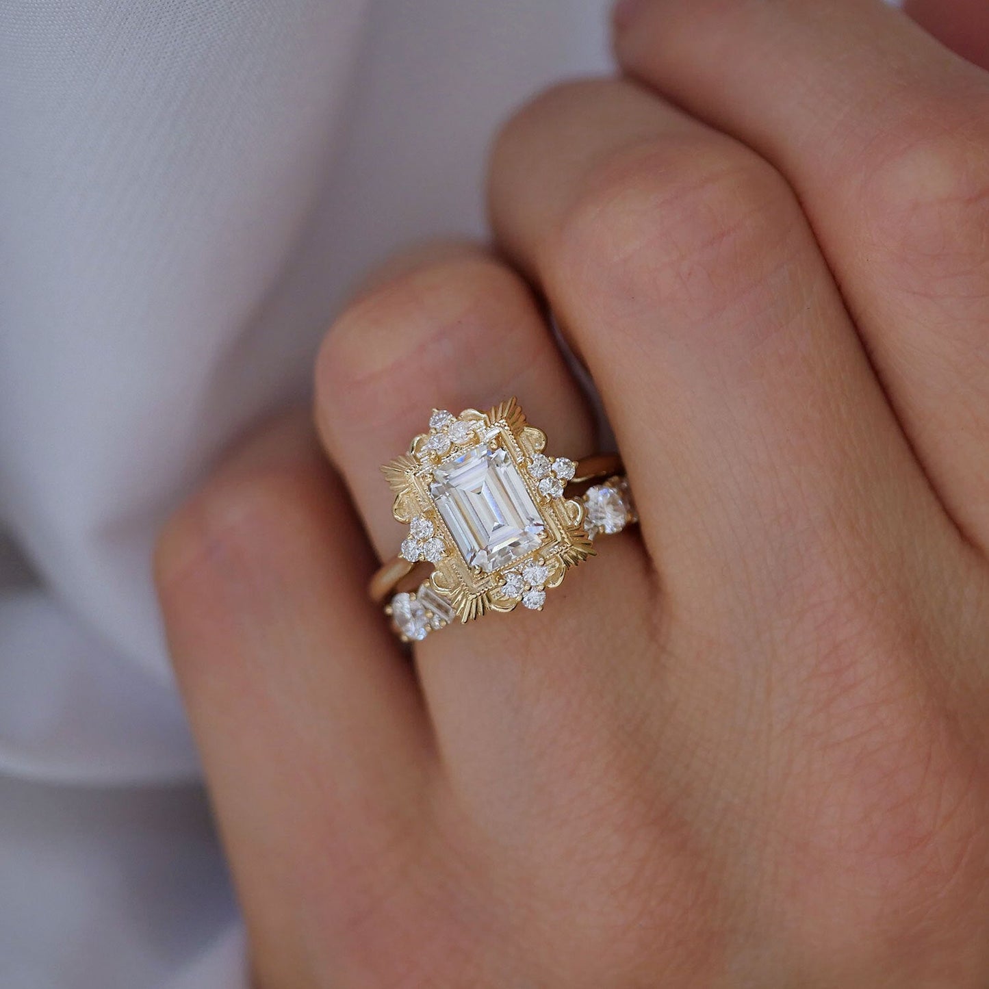 2.0 Ct Emerald Cut Moissanite Diamond Vintage Engagement Ring