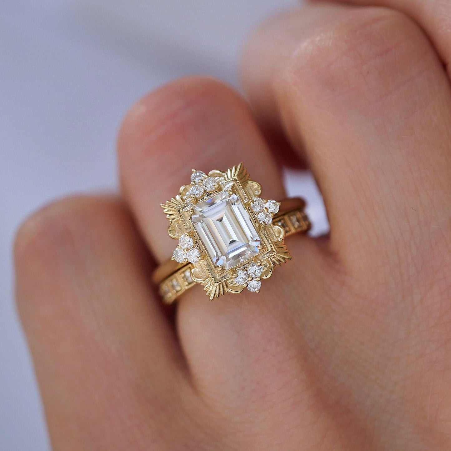 2.0 Ct Emerald Cut Moissanite Diamond Vintage Engagement Ring