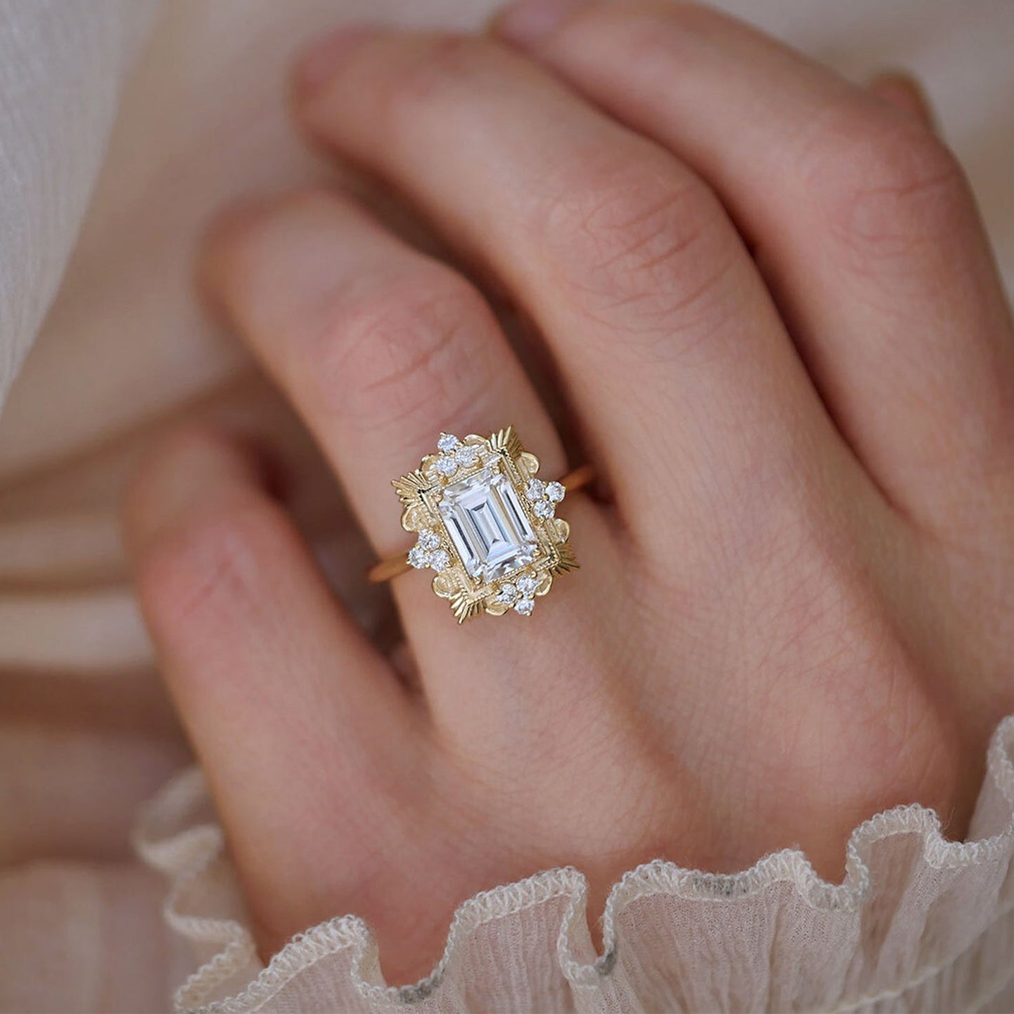 2.0 Ct Emerald Cut Moissanite Diamond Vintage Engagement Ring