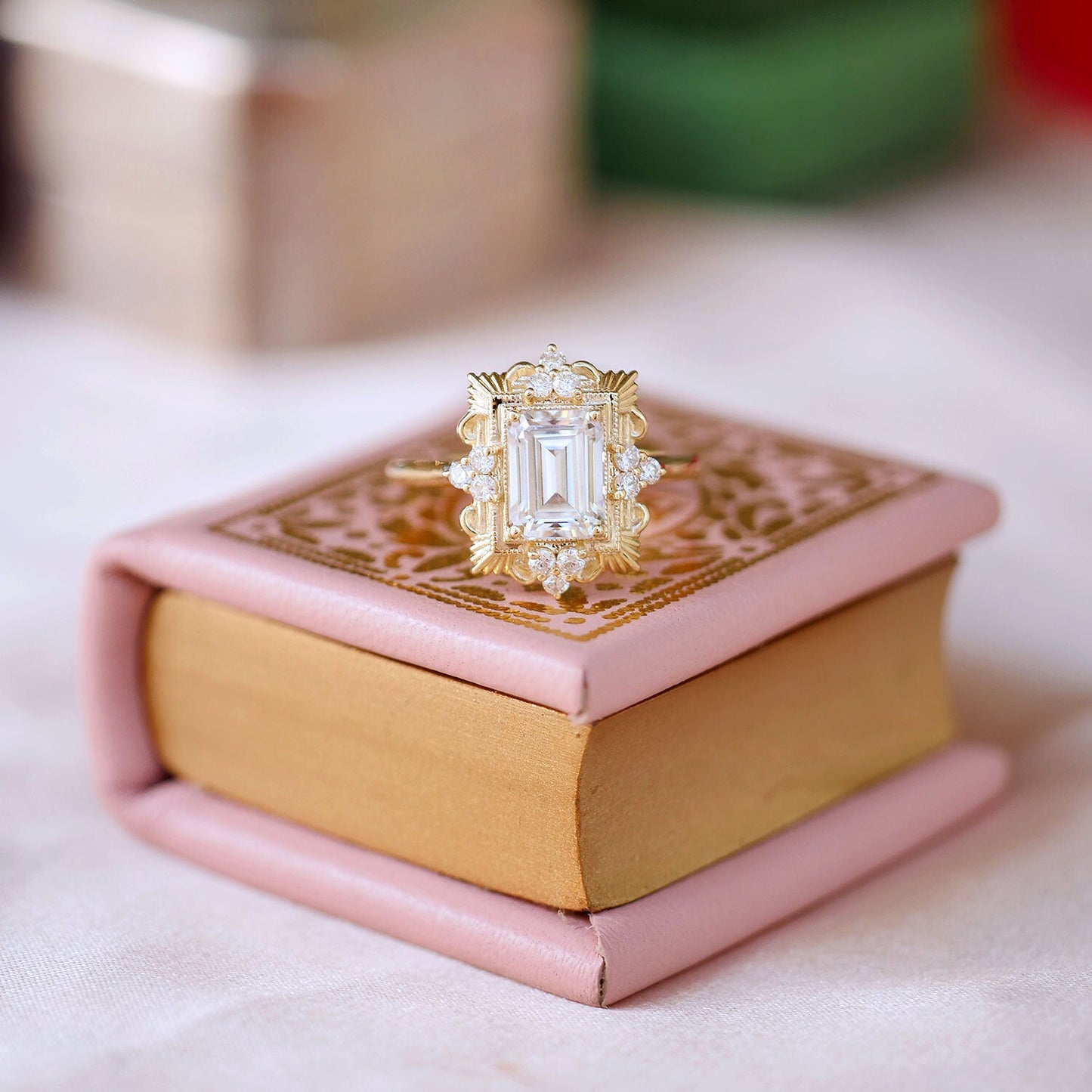 2.0 Ct Emerald Cut Moissanite Diamond Vintage Engagement Ring