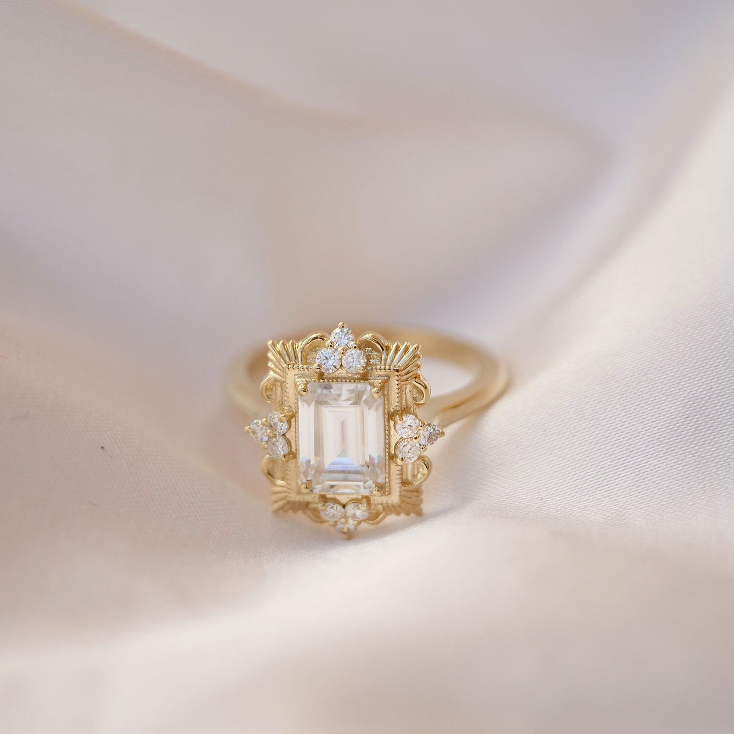 2.0 Ct Emerald Cut Moissanite Diamond Vintage Engagement Ring