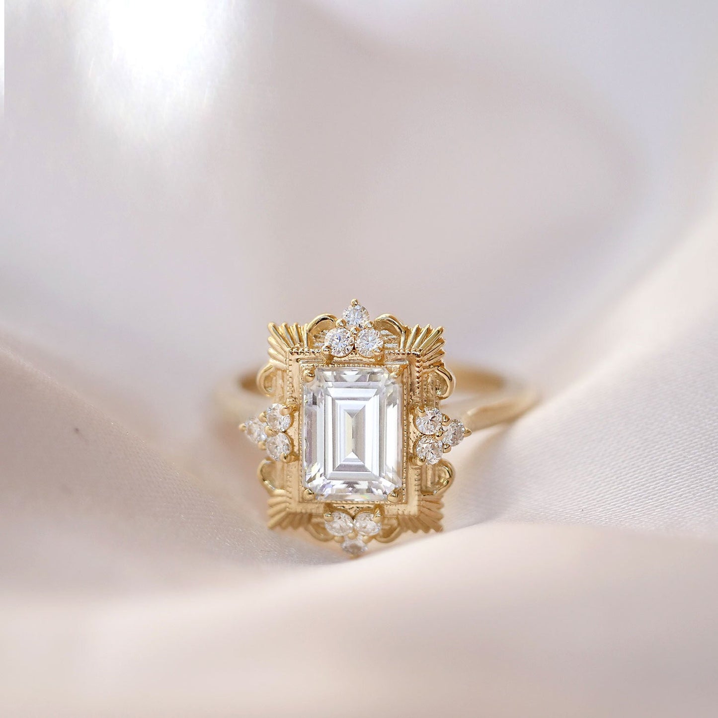 2.0 Ct Emerald Cut Moissanite Diamond Vintage Engagement Ring