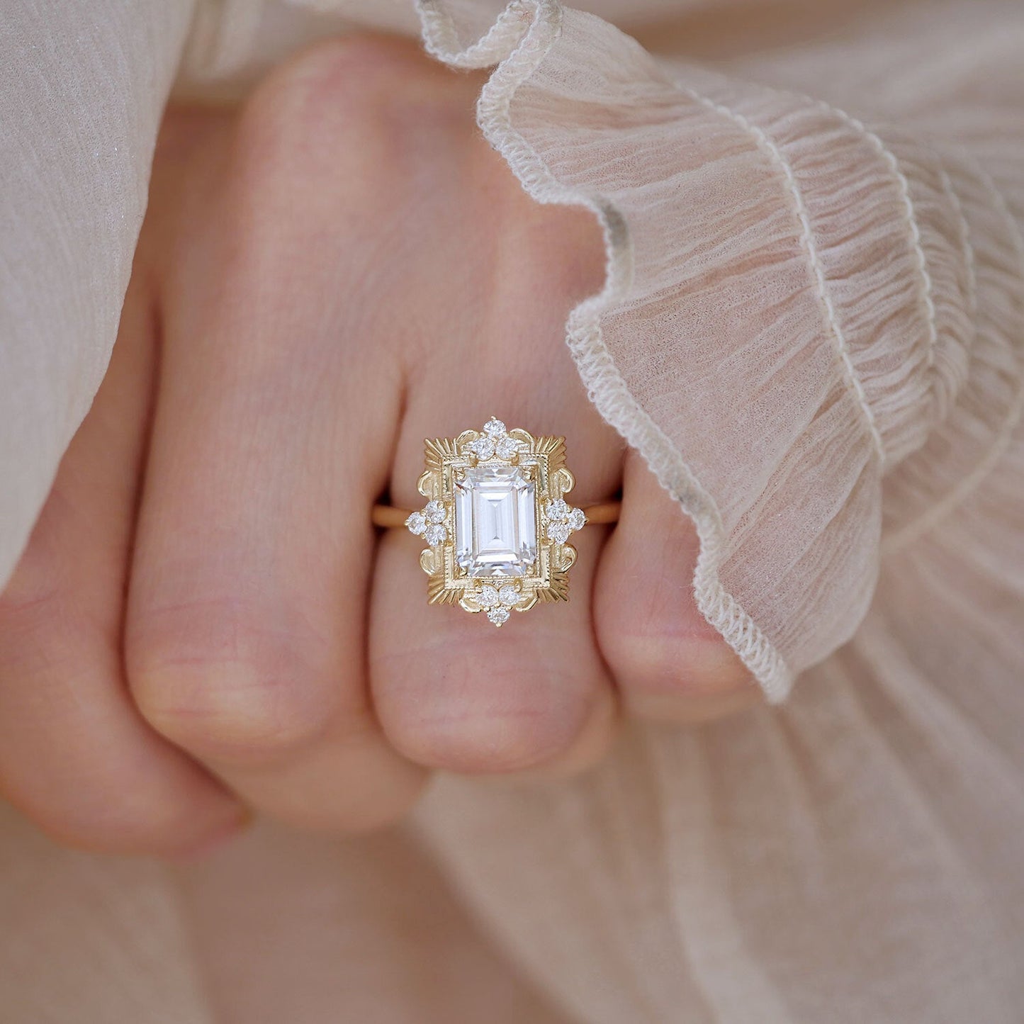 2.0 Ct Emerald Cut Moissanite Diamond Vintage Engagement Ring