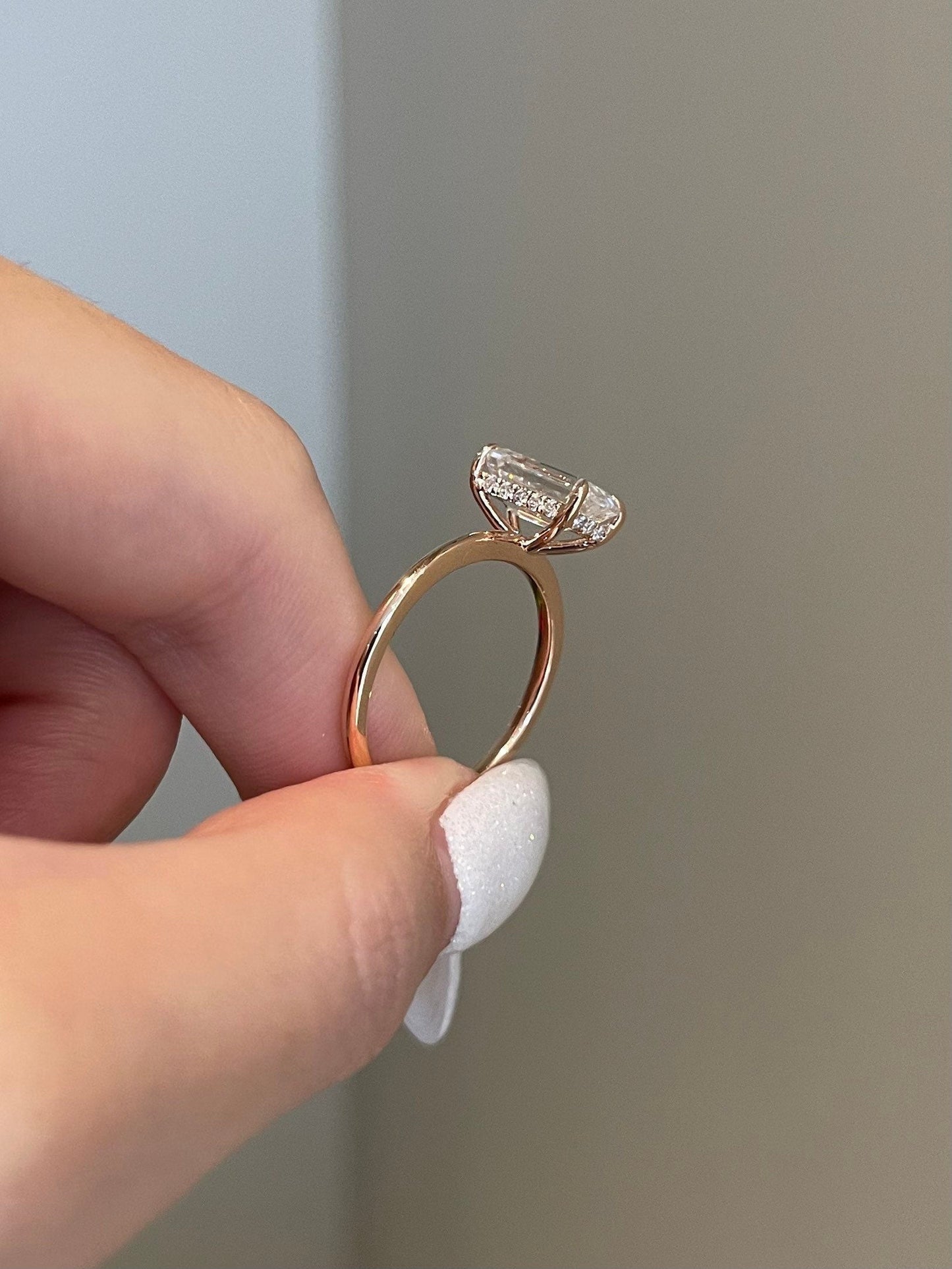 Emerald Cut Hidden Halo Solitaire Moissanite Diamond Engagement Ring