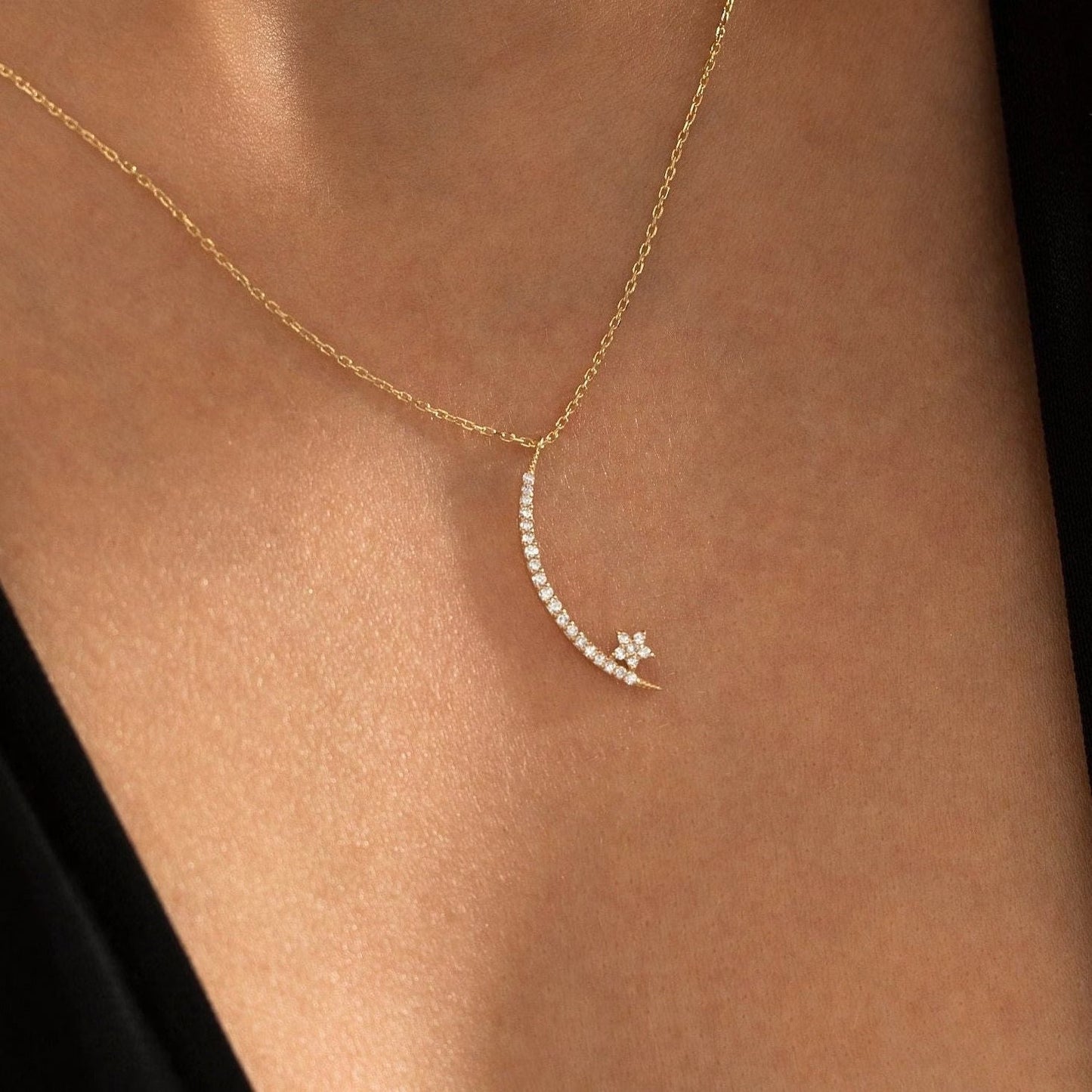 0.5CT Moon and Star Diamond Moissanite Necklace, Gift For Her, Delicate Necklace, Gift For Mother, Anniversary Gift, Promise Gift