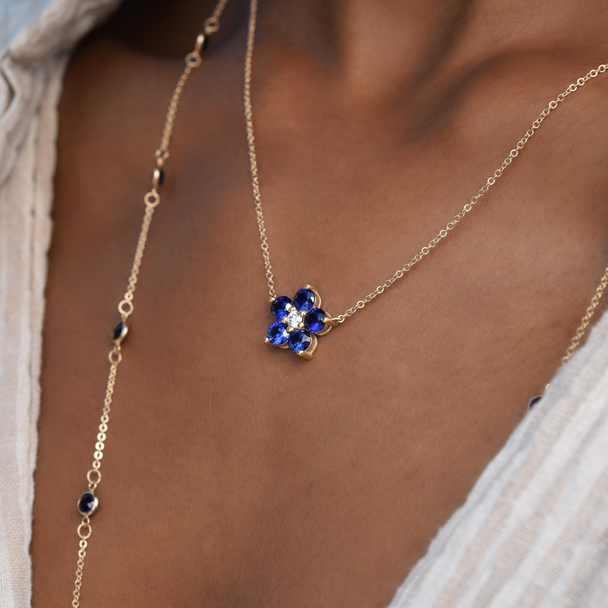 1.46 CT Round Cut Blue Flower Moissanite Necklace, September Birthstone Necklace Delicate Necklace, Gift For Mom, Mother Gifts, Charm Necklace