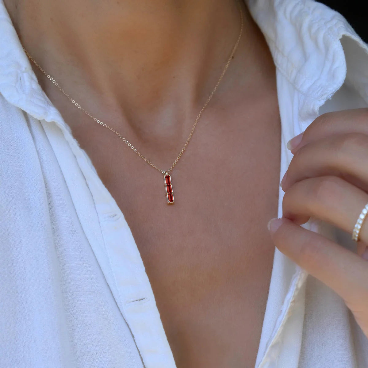 0.32CT Baguette Garnet Diamond Necklace, January Birthstone Necklace, Three Stone Necklace, Delicate Necklace, Gift For Her, Anniversary Gift, Charm Necklace, Woman Necklace, Promise Gift