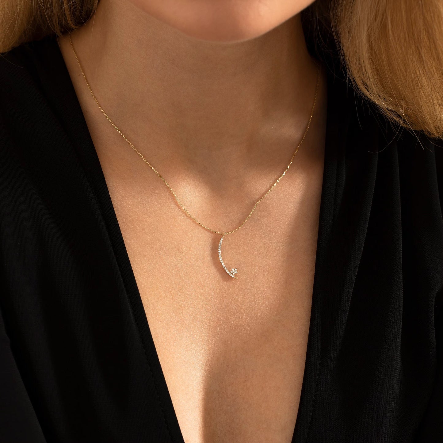 0.5CT Moon and Star Diamond Moissanite Necklace, Gift For Her, Delicate Necklace, Gift For Mother, Anniversary Gift, Promise Gift
