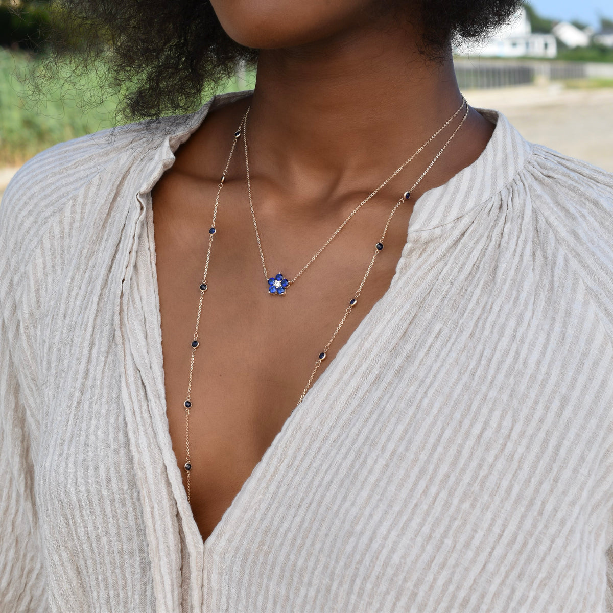 1.46 CT Round Cut Blue Flower Moissanite Necklace, September Birthstone Necklace Delicate Necklace, Gift For Mom, Mother Gifts, Charm Necklace