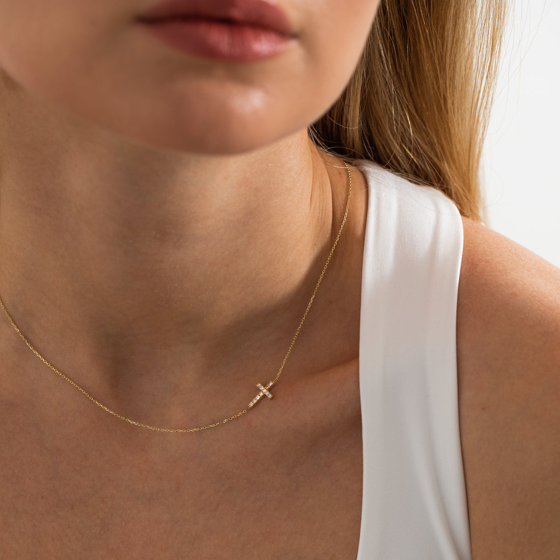 Cross Necklace, SIdeway Cross Necklace, Gift For Her, Diamond Necklace, Delicate Necklace, Charm Necklace, Engagement Gift