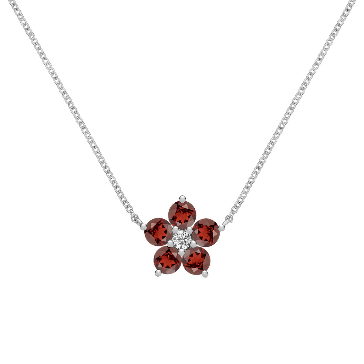 1.45CT Round Garnet Diamond Necklace, January Birthstone, Flower Necklace, Delicate Necklace, Gift For Mom, Baby Shower Gifts, Charm Necklace