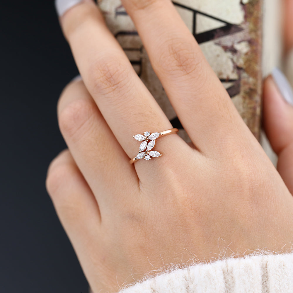 Marquise & Round Shaped Moissanite Art Deco Wedding Band Unique Diamond Band
