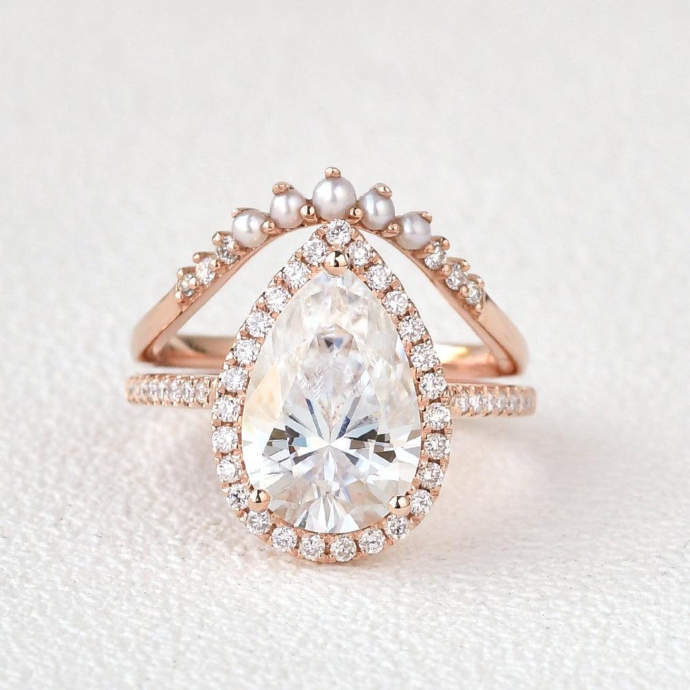 Pear Cut Bridal Engagement Ring Set & Pearl Classic Halo Ring For Her