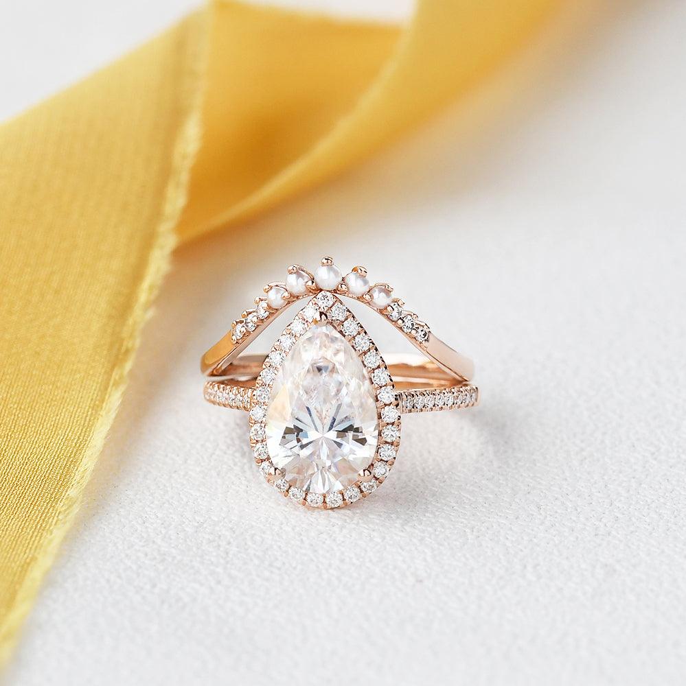 Pear Cut Bridal Engagement Ring Set & Pearl Classic Halo Ring For Her