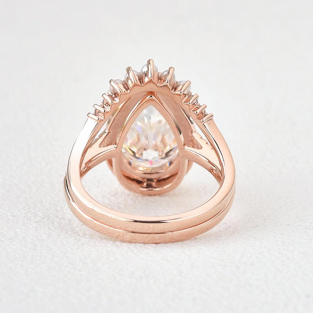 Pear Cut Bridal Engagement Ring Set & Pearl Classic Halo Ring For Her
