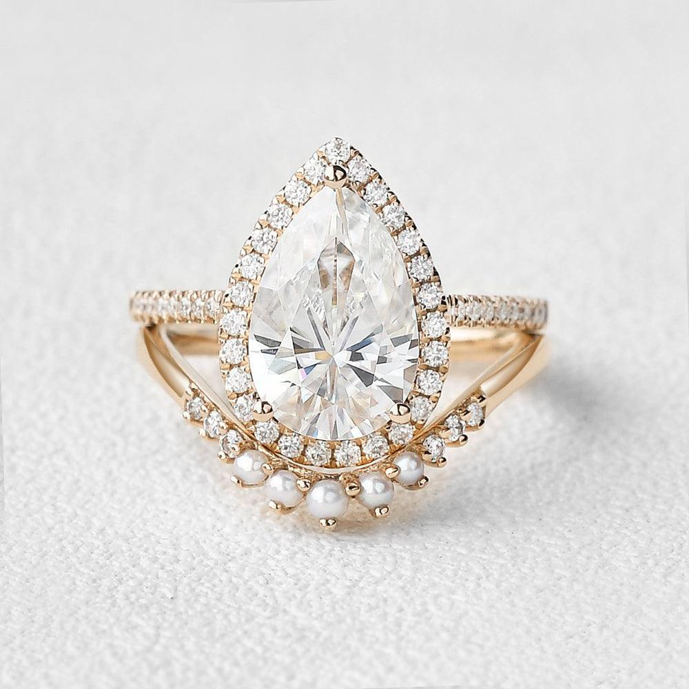 Pear Cut Bridal Engagement Ring Set & Pearl Classic Halo Ring For Her