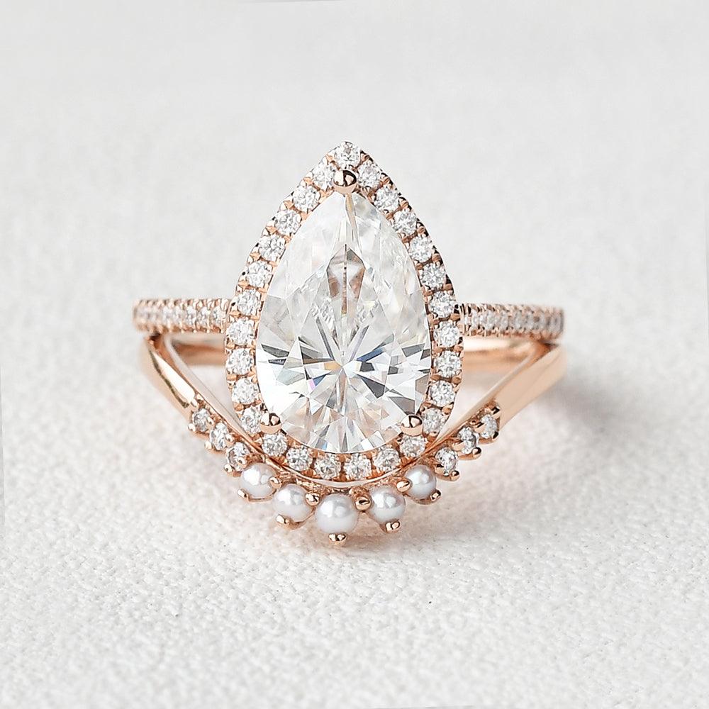 Pear Cut Bridal Engagement Ring Set & Pearl Classic Halo Ring For Her