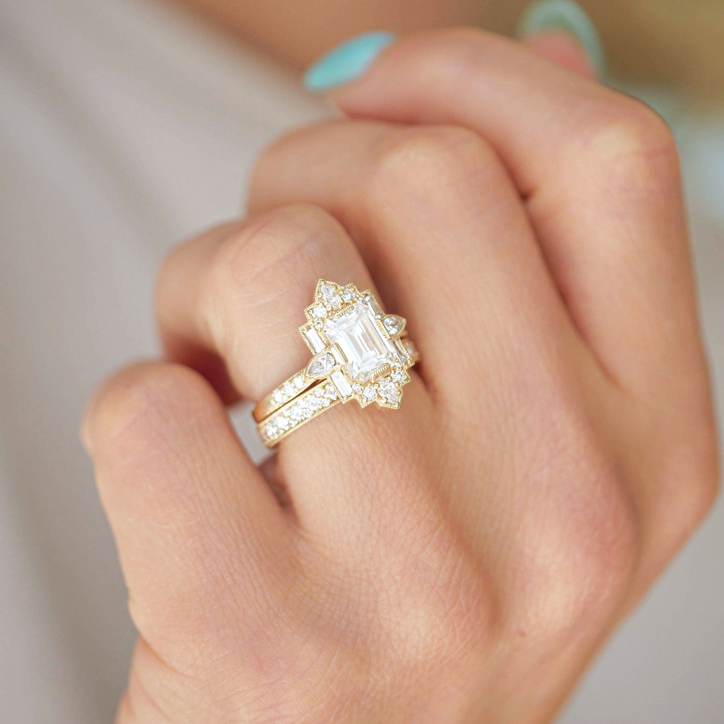 1.50 Ct Emerald Cut Moissanite Diamond Vintage Halo Engagement Ring