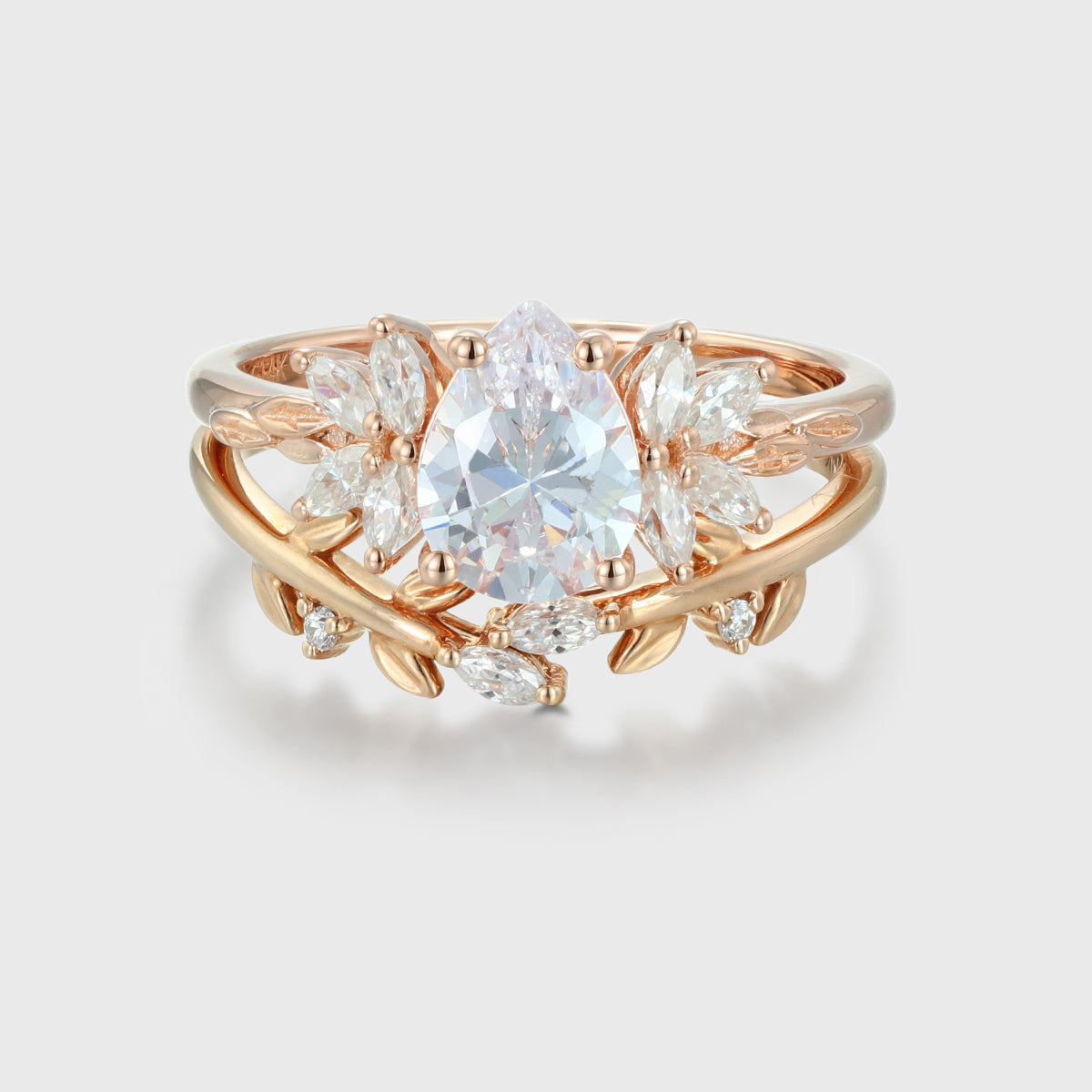 Pear Cut Moissanite Diamond Cluster Ring Bridal Engagement Ring Set