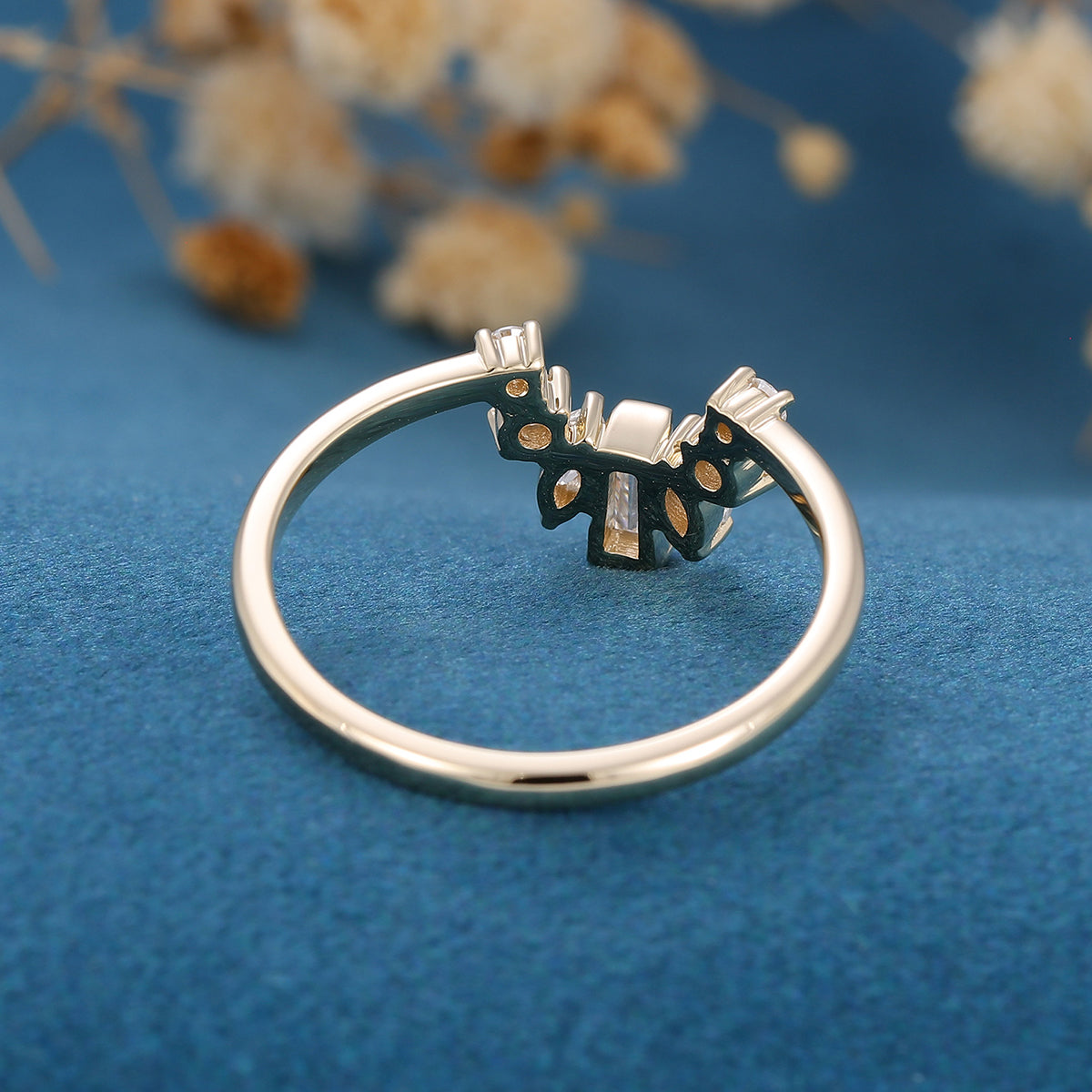 Round, Marquise & Baguette Shaped Moissanite Curved Wedding Band/ Engagement Ring With Straight Shank