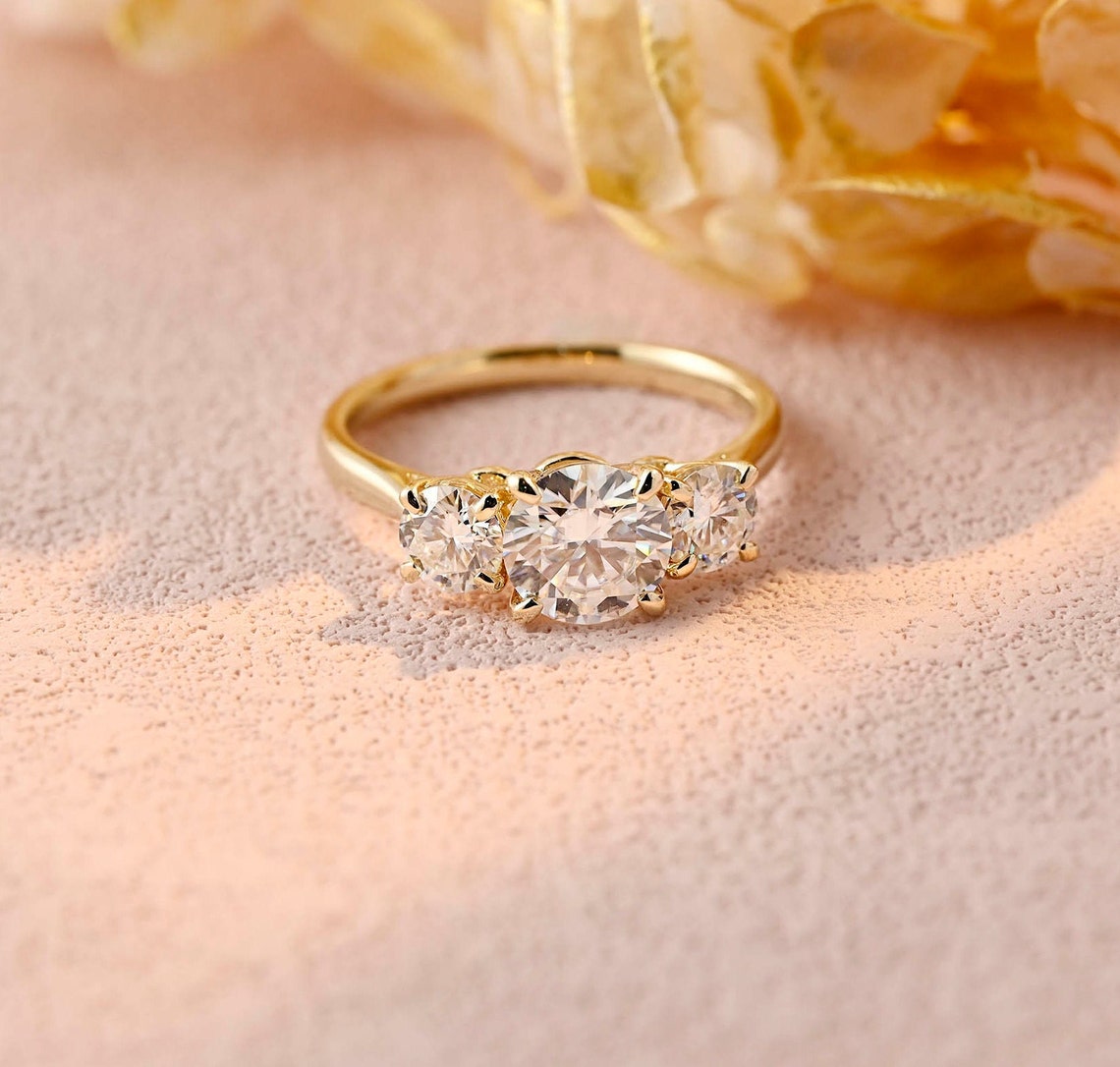 Round Moissanite Three Stone Engagement Ring For Her Proposal