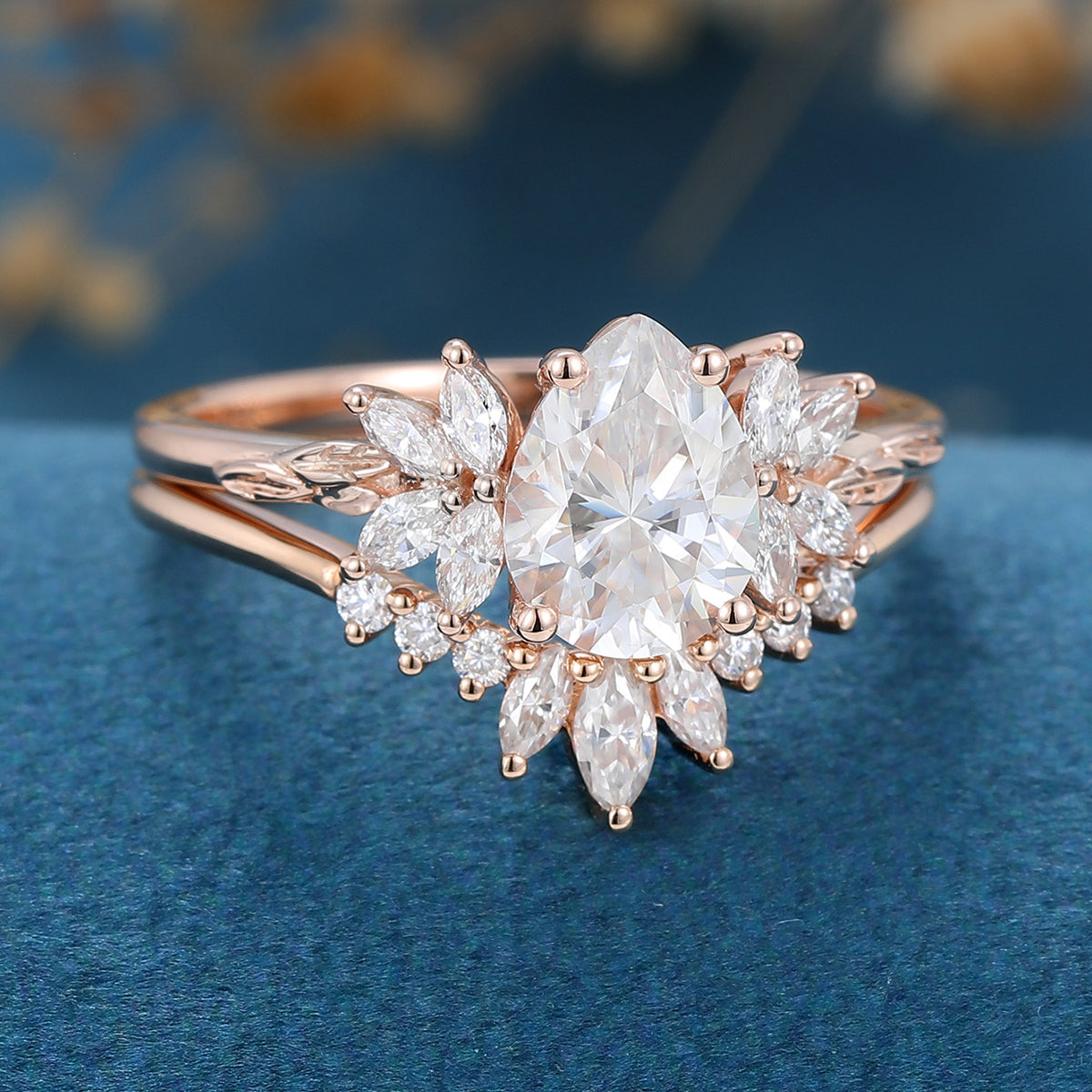 Pear Cut Moissanite Diamond Cluster Bridal Matching Set Wedding Ring Set