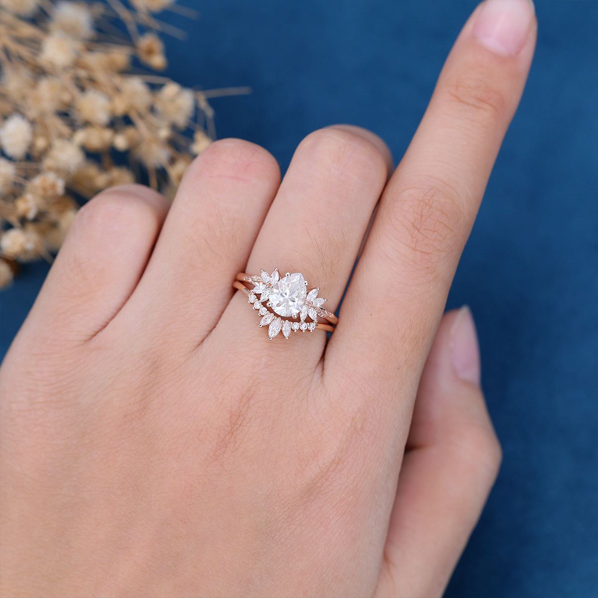 Pear Cut Moissanite Diamond Cluster Bridal Matching Set Wedding Ring Set