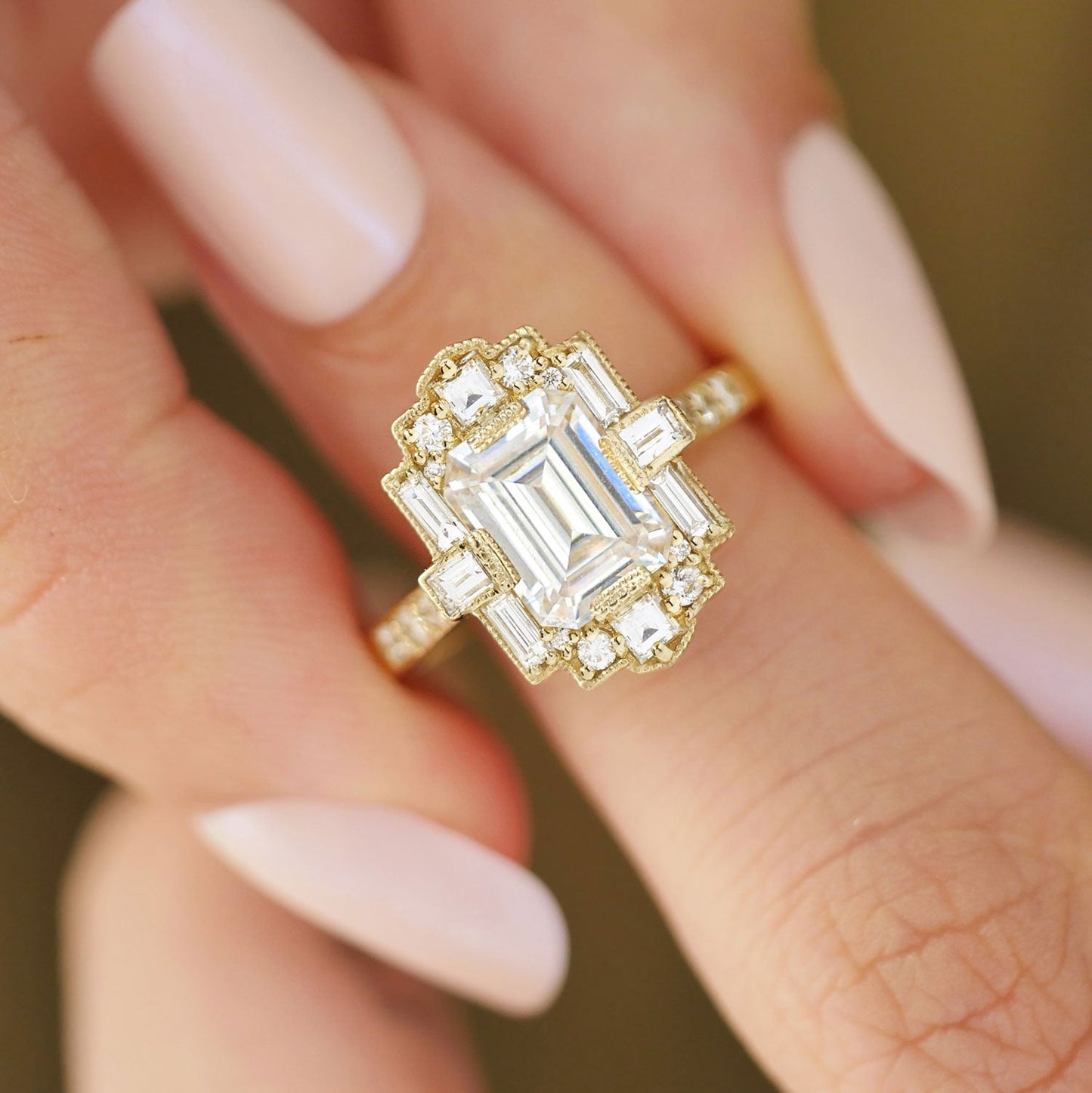 1.50 Ct Emerald Cut Moissanite Diamond Vintage Halo Engagement Ring