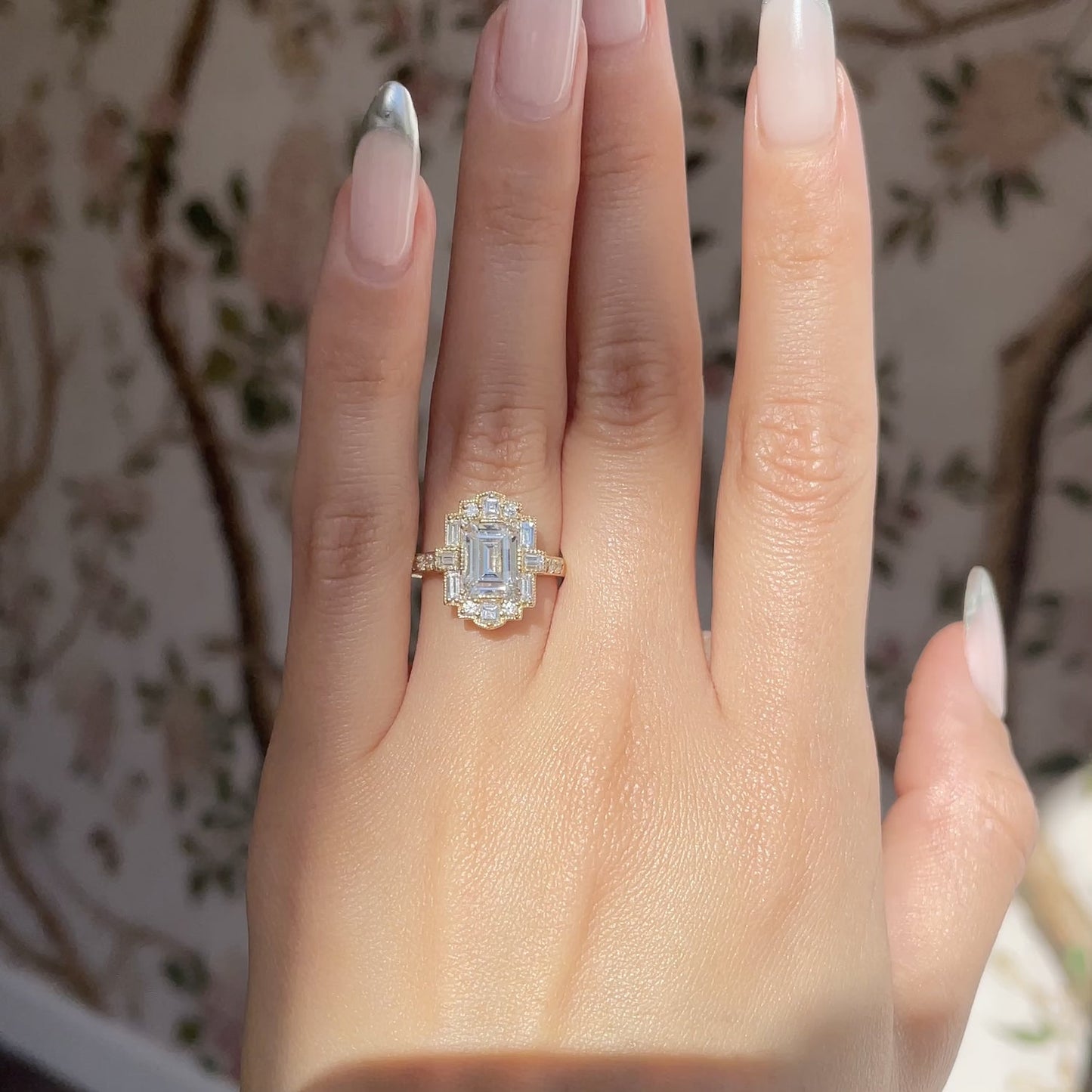 1.50 Ct Emerald Cut Moissanite Diamond Vintage Halo Engagement Ring