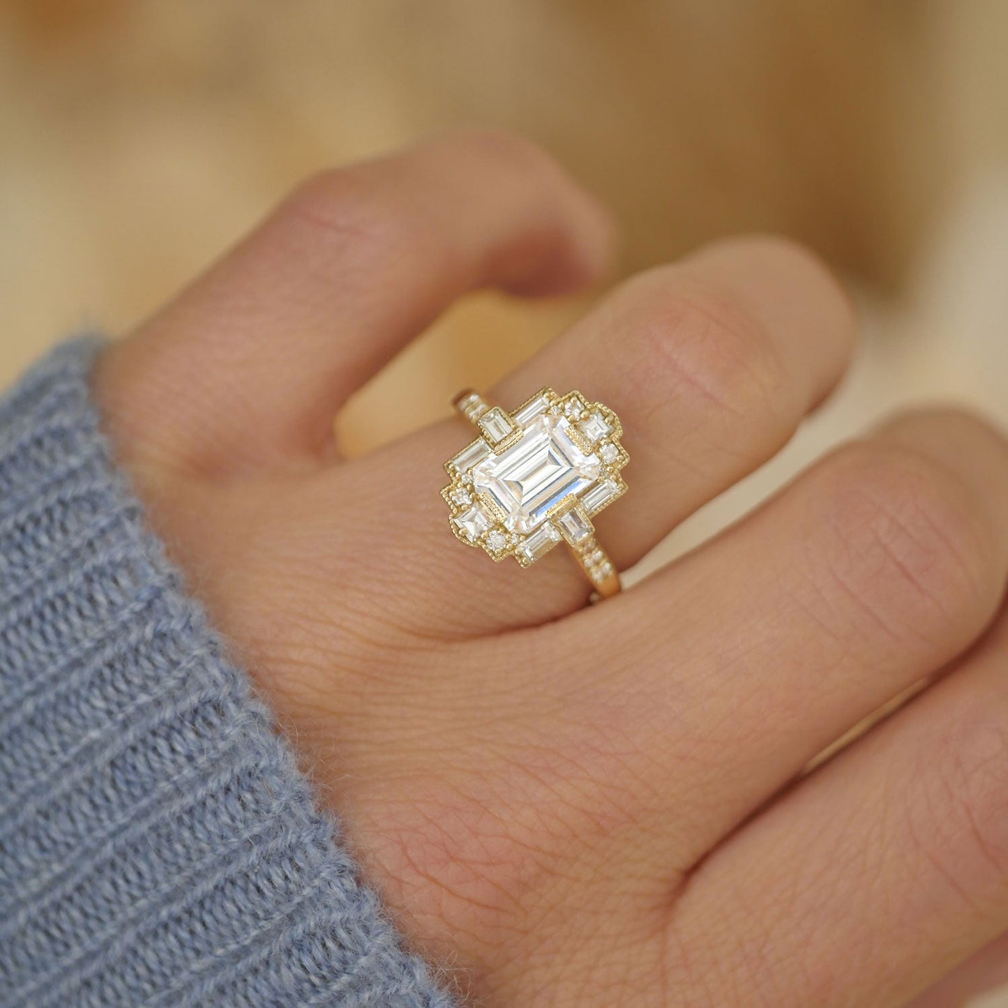 1.50 Ct Emerald Cut Moissanite Diamond Vintage Halo Engagement Ring