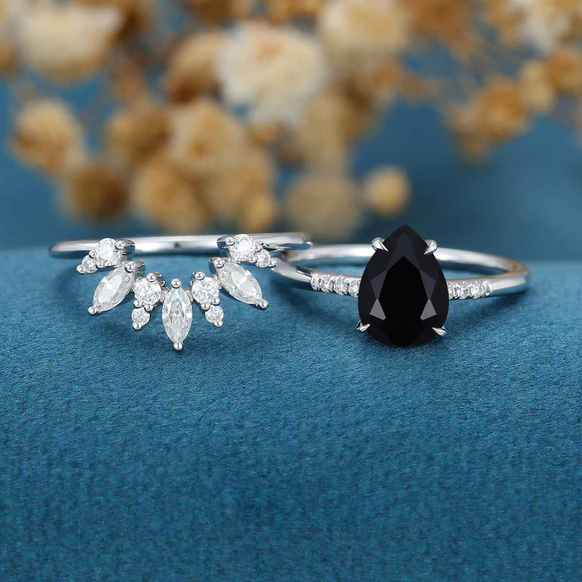 Pear Cut Black Moissanite Bridal Engagement Ring Set Stackable Ring