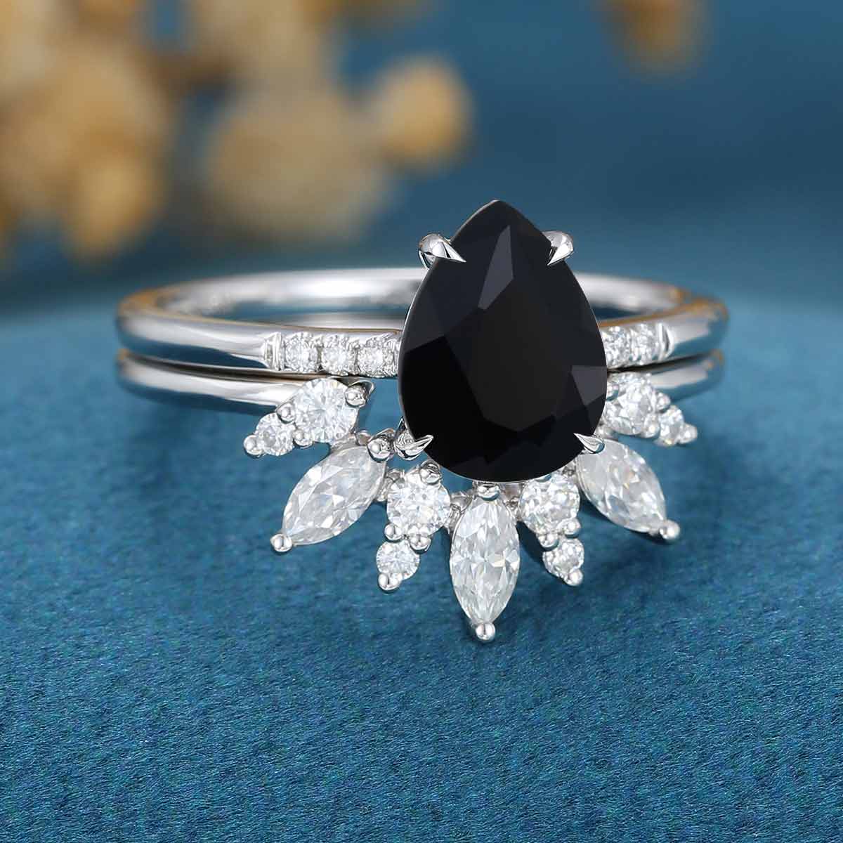 Pear Cut Black Moissanite Bridal Engagement Ring Set Stackable Ring