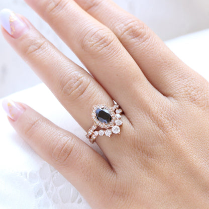 Oval Cut Black Moissanite Bridal MatchMatching Engagement Ring Set For Her