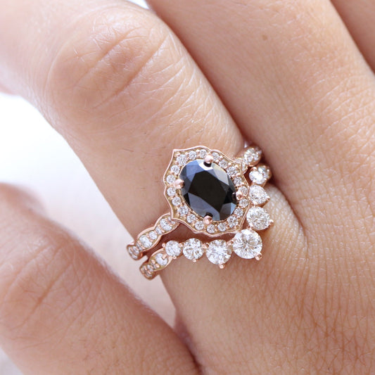 Oval Cut Black Moissanite Bridal MatchMatching Engagement Ring Set For Her