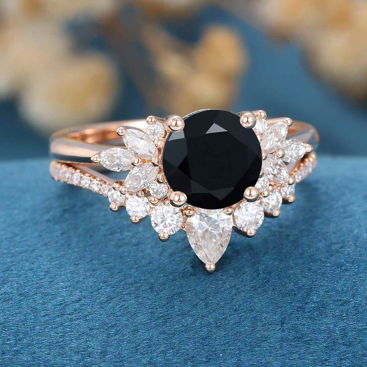 Round Cut Black Stone Moissanite Engagement Ring Bridal Matching Set Band For Her