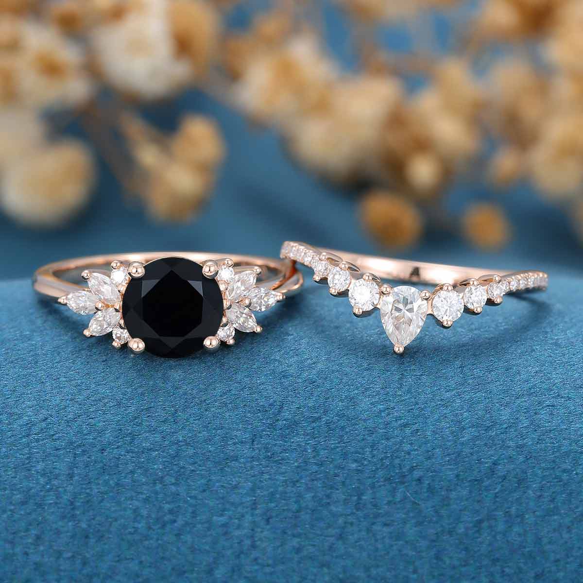 Round Cut Black Stone Moissanite Engagement Ring Bridal Matching Set Band For Her