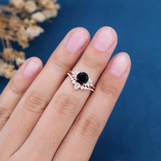 Round Cut Black Stone Moissanite Engagement Ring Bridal Matching Set Band For Her