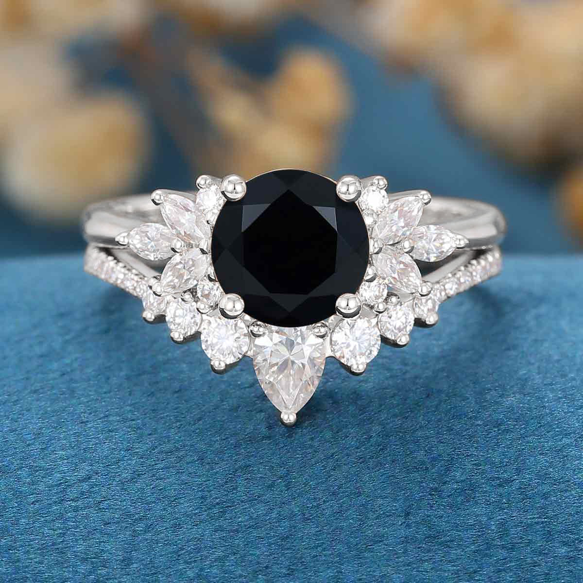 Round Cut Black Stone Moissanite Engagement Ring Bridal Matching Set Band For Her