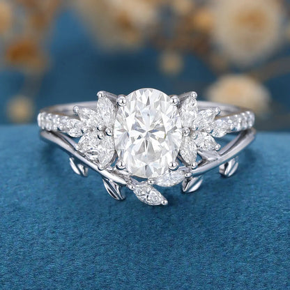 Oval cut Moissanite Diamond Cluster Engagement ring Bridal Set Ring