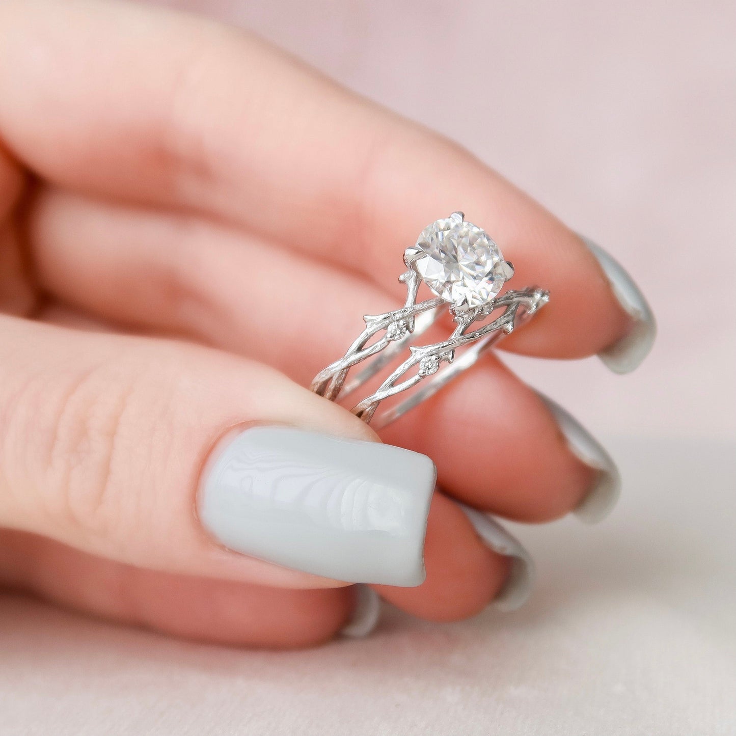 Round Cut Twig Nature Inspired Moissanite Engagement Ring For Her