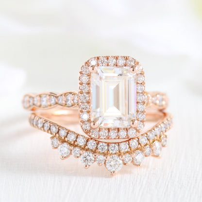 Emerald Cut Moissanite Halo Bridal Matching Ring Set