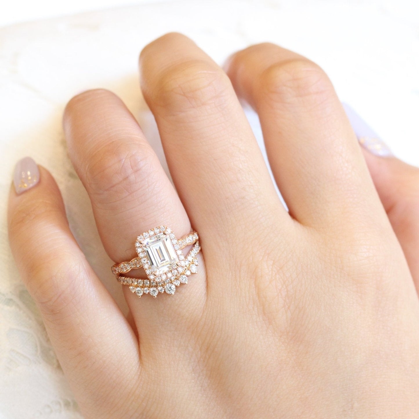 Emerald Cut Moissanite Halo Bridal Matching Ring Set