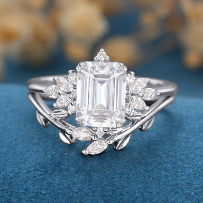 Emerald Cut Moissanite Diamond Cluster Bridal Engagement Ring Set