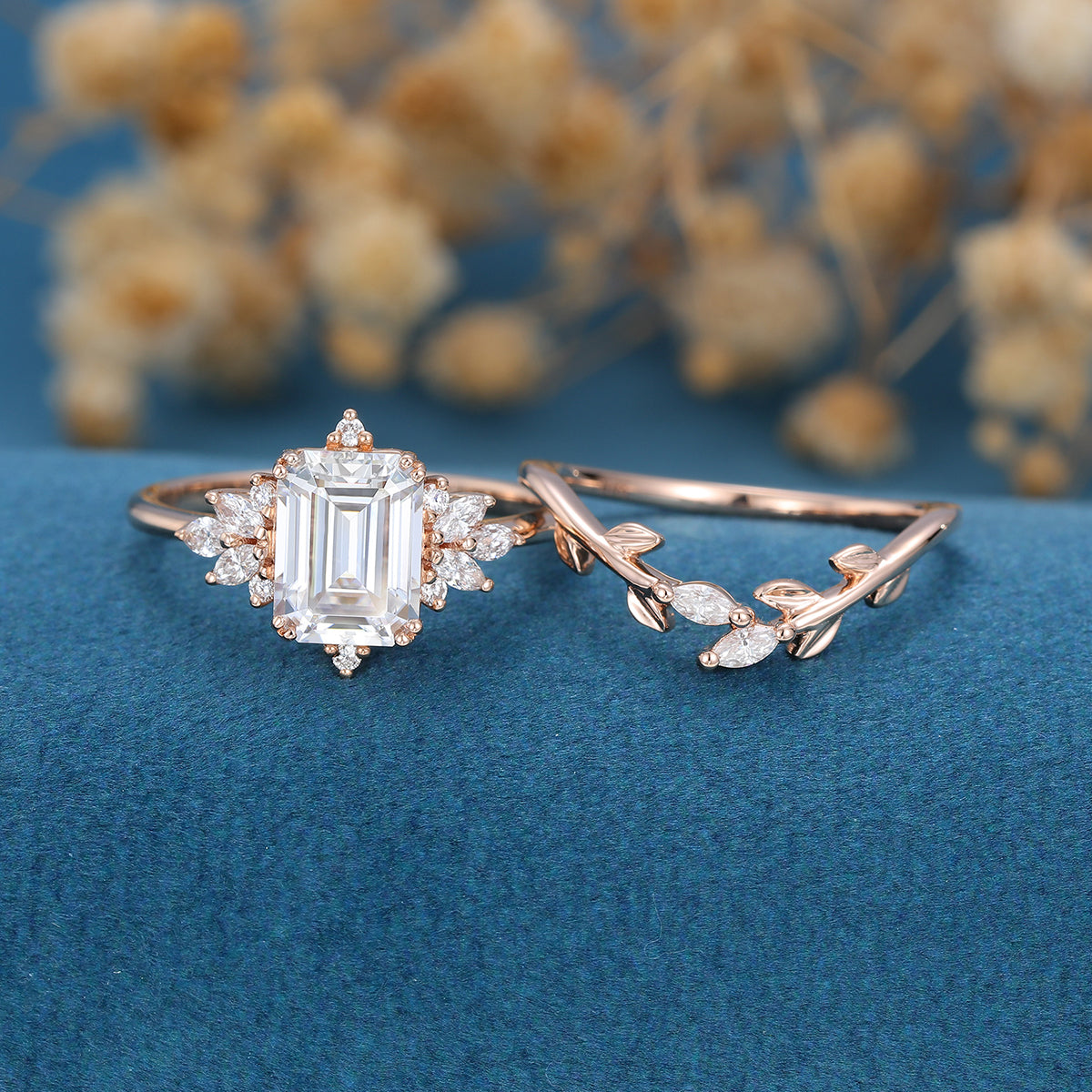 Emerald Cut Moissanite Diamond Cluster Bridal Engagement Ring Set