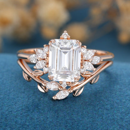 Emerald Cut Moissanite Diamond Cluster Bridal Engagement Ring Set